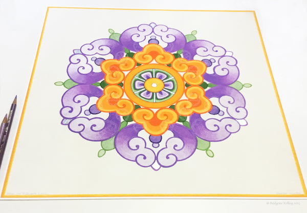 Purple, orange & palladium gilded Chinese flower design illuminated artwork 16” x 16” - Color & Gold LLC © Bridgette Kelling