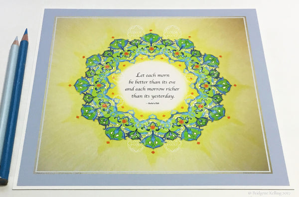 Green, yellow & 24 kt gold gilded mandala with a Bahá’í quote on having a better day 8” x 8” - Color & Gold LLC © Bridgette Kelling
