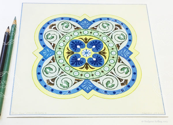 Blue, green, yellow & palladium gilded tile design “Silver Sage” illumination 8” x 8” - Color & Gold LLC © Bridgette Kelling