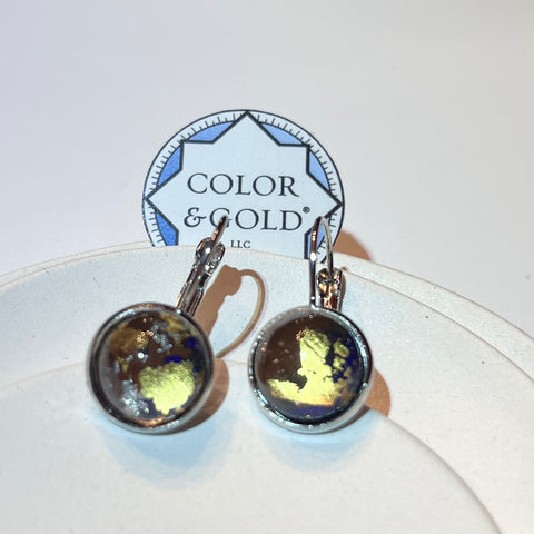 French Lever Back 12mm extra domed Brown and Blue earrings hand gilded with 24 K gold and captain leaf