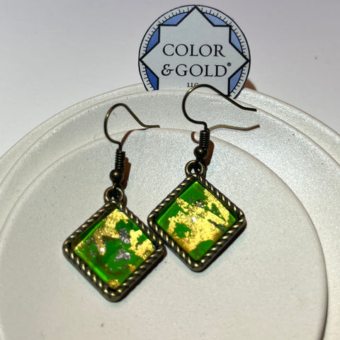 12x12mm Frog Green Earrings hand gilded with 24k gold and caplain leaf