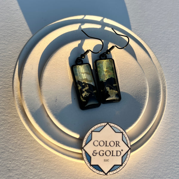 Rectangle 10x25mm Two-Tone Black and Sage Green earrings hand gilded with 24k gold leaf