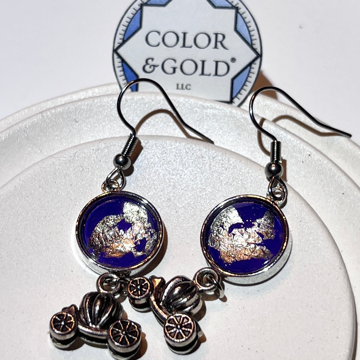 Charm 12mm Royal Purple Carriage Earrings hand gilded with caplain leaf