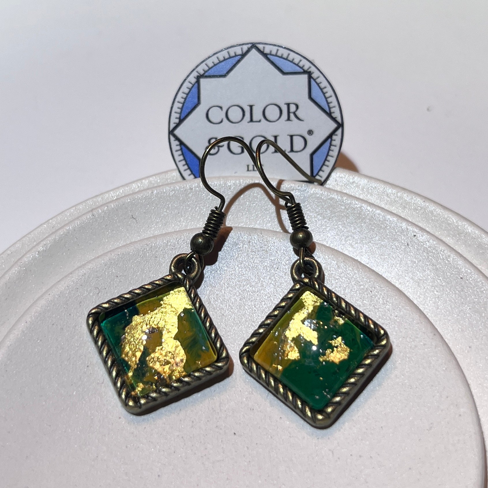 12x12mm Green and Straw Earrings hand gilded with 24k gold and caplain leaf