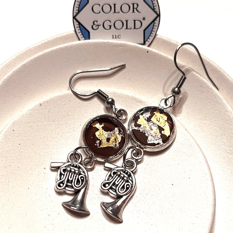 Charm 12mm Brown French Horn Earrings hand gilded with 24k gold and caplain leaf