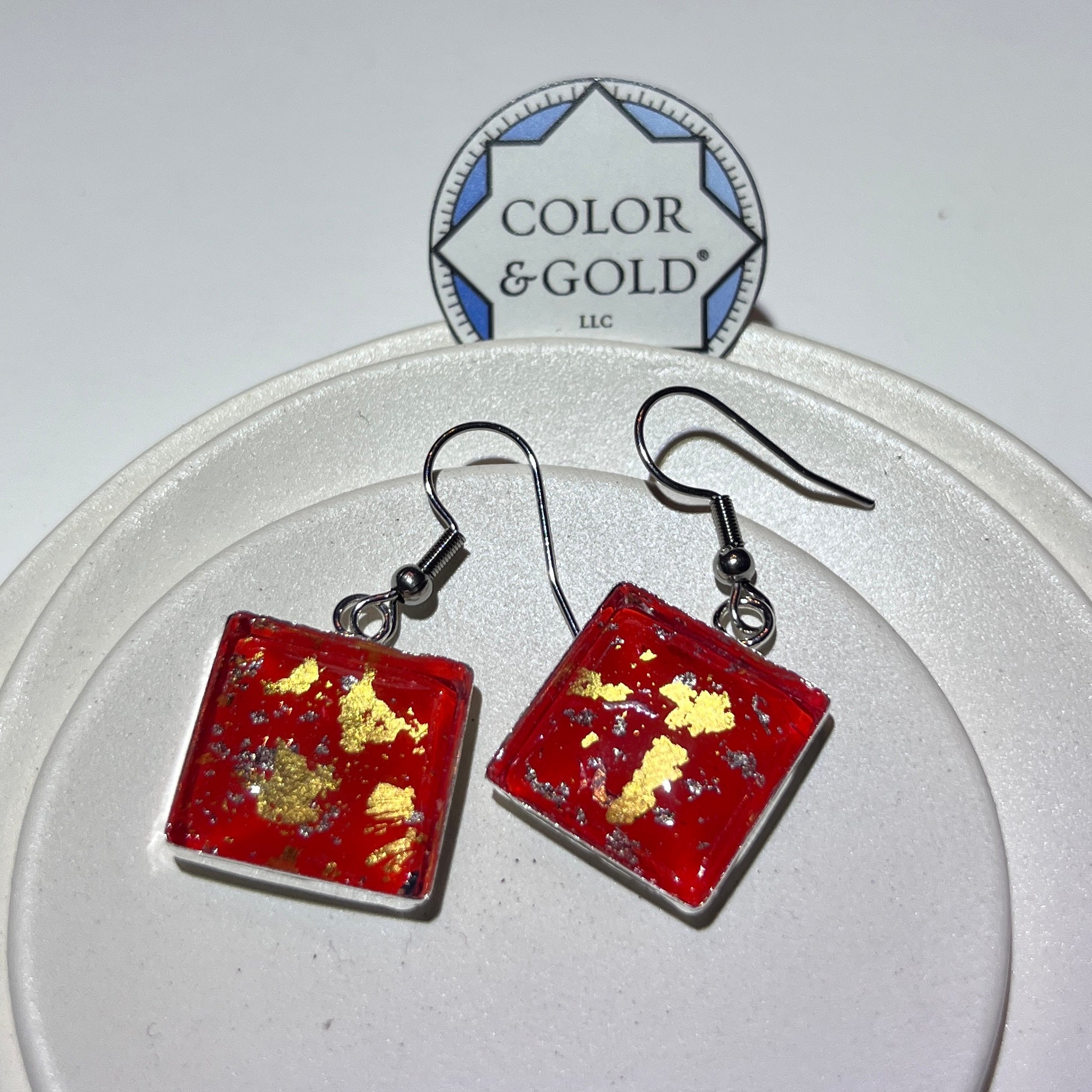 16x16mm Bright Red Orange Earrings hand gilded with 24k gold and caplain leaf