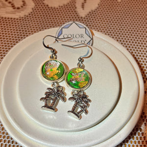 Earrings 16mm Green Charm Palm Coconut Tree hand gilded with 24k gold and caplain leaf