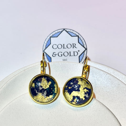 French Lever Back 14mm slightly mismatched very dark Teal and Dark Blue earrings hand gilded with 24 K gold leaf