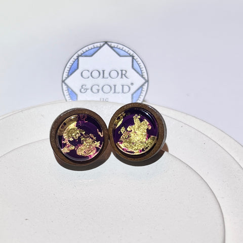 Post 12mm Deep Berry Wooden earrings hand gilded with 24K gold leaf