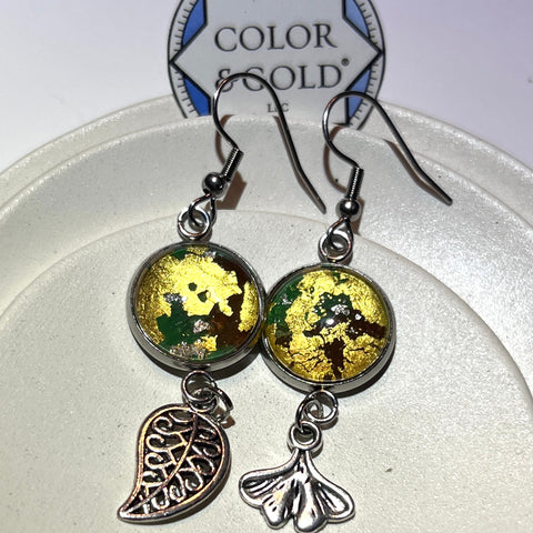 Charm 14mm Brown and Green Earrings hand gilded with 24k gold and caplain leaf