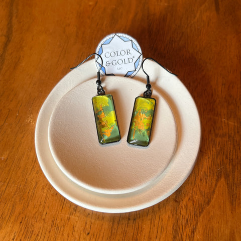 Earrings 10x25mm Neon Green and Yellow hand gilded with 24k gold leaf