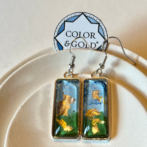 Rectangle 10x25mm Two-Tone Sky Blue and Grass Green hand gilded earrings with 24k gold and Caplain leaf