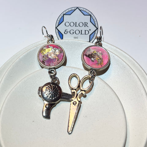 Charm 16mm Pink Scissors and Hairdryer Earrings hand gilded with 24k gold and caplain leaf