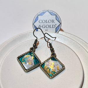 12x12mm White and Bright Blue Green Earrings hand gilded with 24k gold and caplain leaf