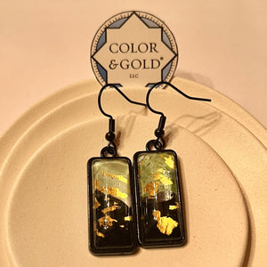 Rectangle 10x25mm Two-Tone Black and Sage Green earrings hand gilded with 24k gold leaf