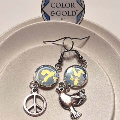 Charm 12mm Powder Peace and Dove Earrings hand gilded 24k gold leaf