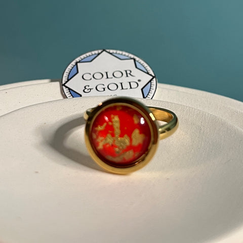 Ring 12mm Red Orange adjustable hand gilded with 24k gold and Caplain leaf