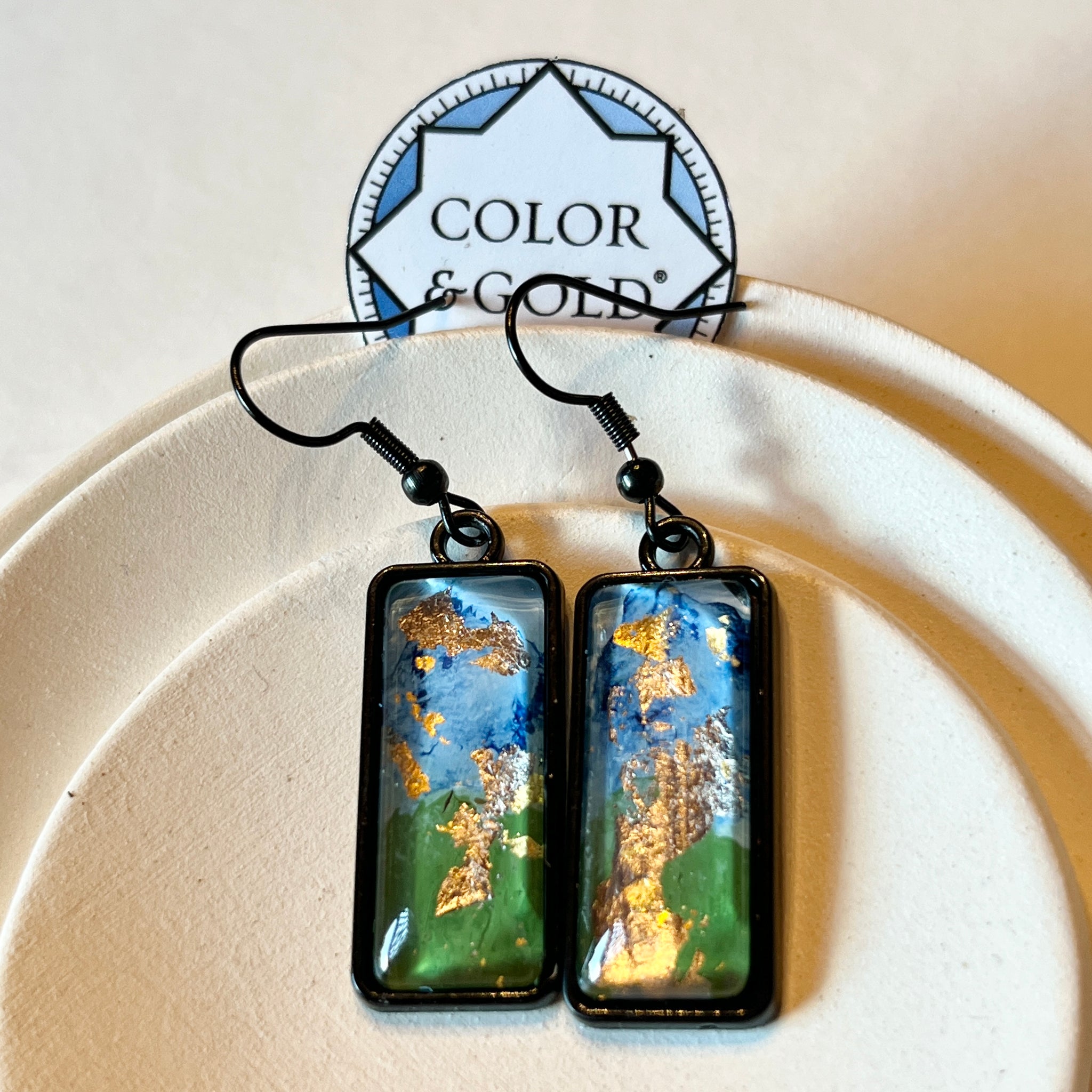 Rectangle 10x25mm Two-Tone Sky Blue and Grass Green hand gilded earrings with 24k gold and Caplain leaf