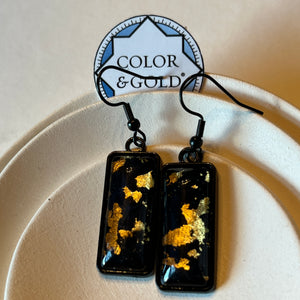 Rectangle 10x25mm Black earrings hand gilded with 24k gold leaf