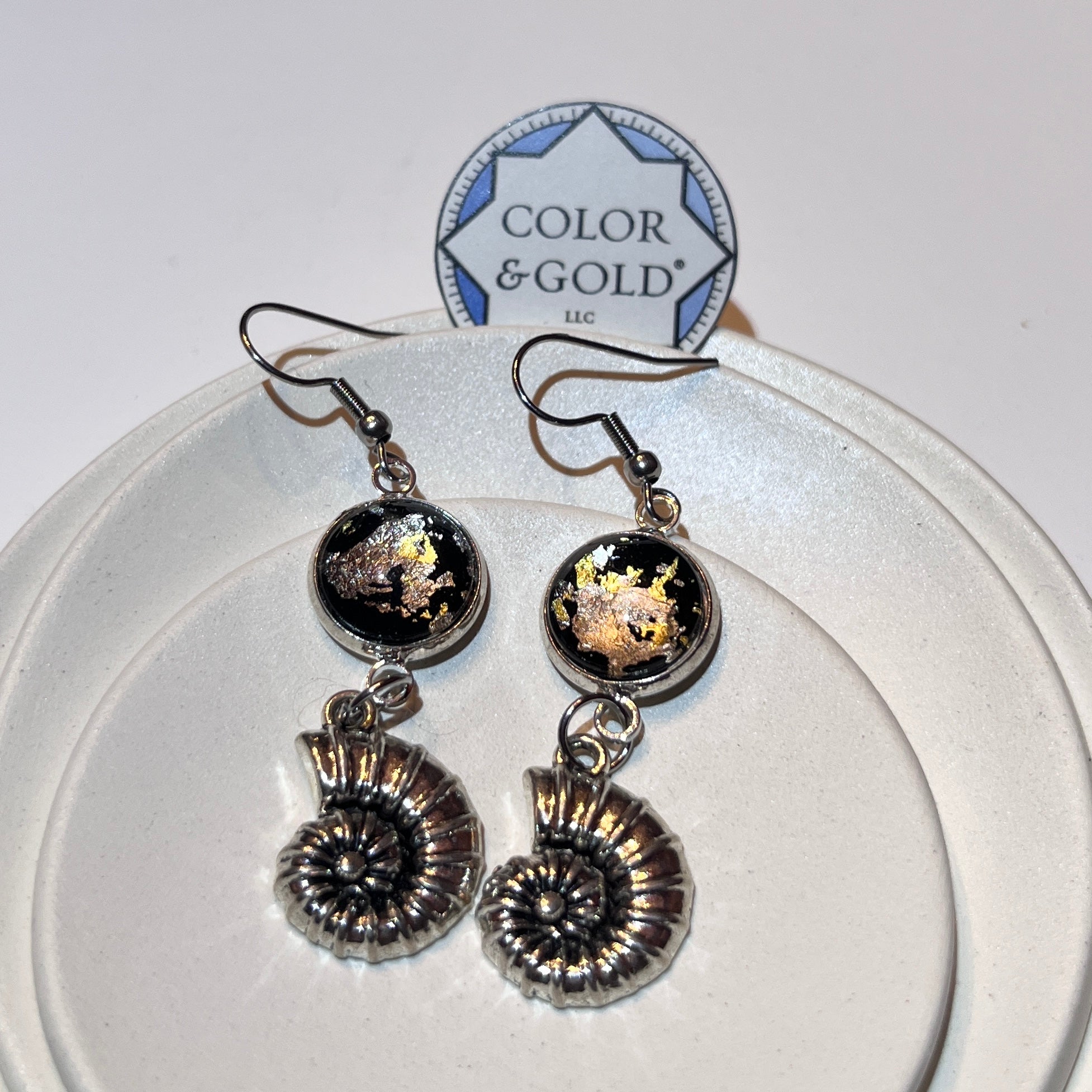 Charm 13x18mm Black Ammonite  Earrings hand gilded with 24k gold and caplain leaf