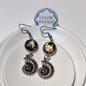 Charm 13x18mm Black Ammonite  Earrings hand gilded with 24k gold and caplain leaf