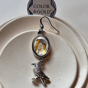 Single earring Mix & Match 13x18mm White Raven hand gilded with 24k gold