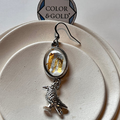 Single earring Mix & Match 13x18mm White Raven hand gilded with 24k gold