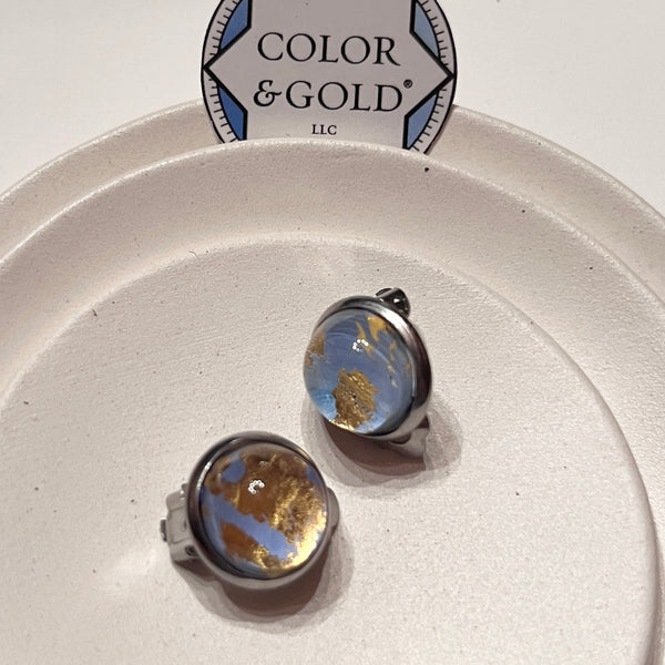 Earrings Clip-on 12mm extra domed Powder Blue hand gilded with 24K gold