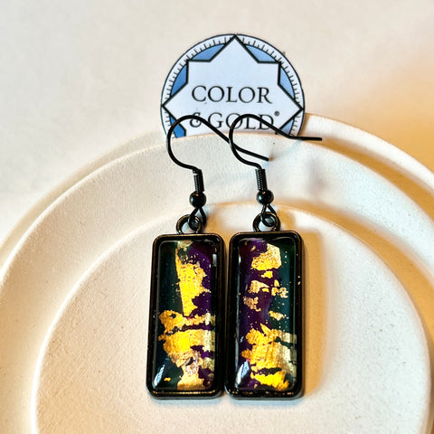 Rectangle 10x25mm Two-Tone Dark Green and Purple earrings hand gilded with 24k gold and Caplain leaf