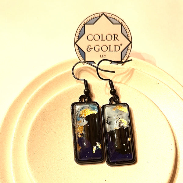 Rectangle 10x25mm Two-Tone Black, Dark and Light Blue earrings hand gilded with 24k gold leaf