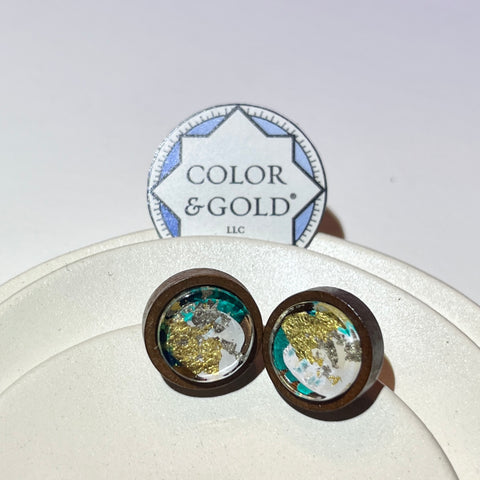 Post 12mm White and Bright Blue Green Wooden earrings hand gilded with 24K gold and caplain leaf