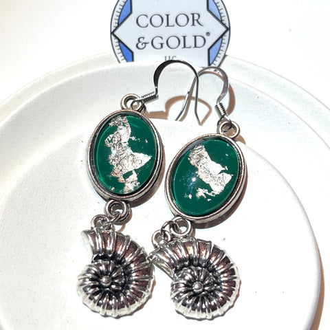 Charm 13x18mm Green Ammonite  Earrings hand gilded with caplain leaf