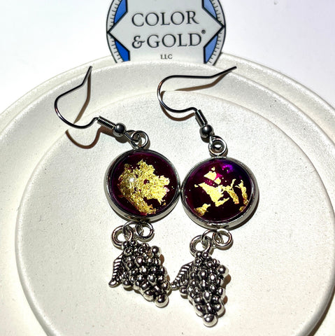 Charm 12mm Deep Maroon Grape Earrings hand gilded with 24k gold leaf