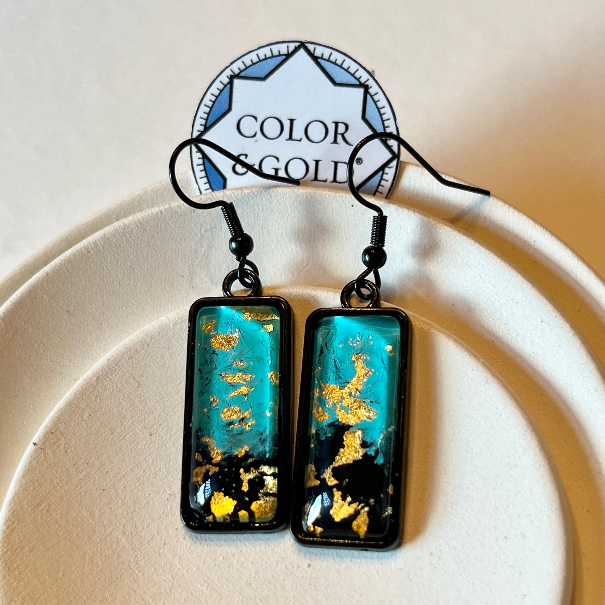 Rectangle 10x25mm Two-Tone Black and Turquoise earrings hand gilded with 24k gold leaf