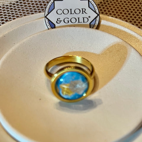 Ring 12mm Sky Blue adjustable hand gilded with 24k gold and Caplain leaf