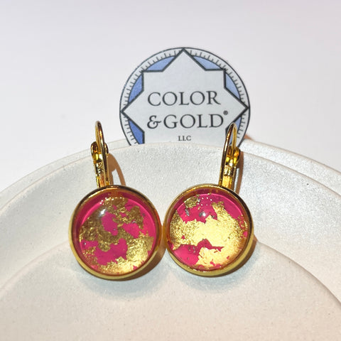 French Lever Back 14mm Neon Orange and Pink earrings hand gilded with 24 K gold leaf. They are a bit more orange in real