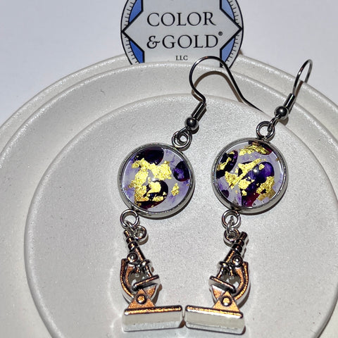 Charm 12mm White and Berry Purple Microscope Earrings hand gilded with 24K leaf