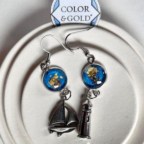 Charm 12mm Bright Blue Ship and Lighthouse Earrings hand gilded with 24k gold and caplain leaf