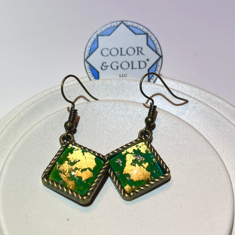 12x12mm Green Earrings hand gilded with 24k gold and caplain leaf