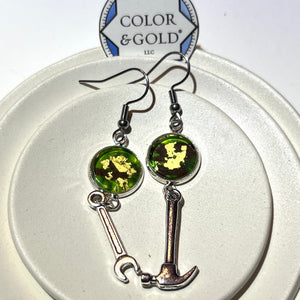 Charm 12mm Green and Brown Hammer and Wrench Earrings hand gilded with 24k gold leaf