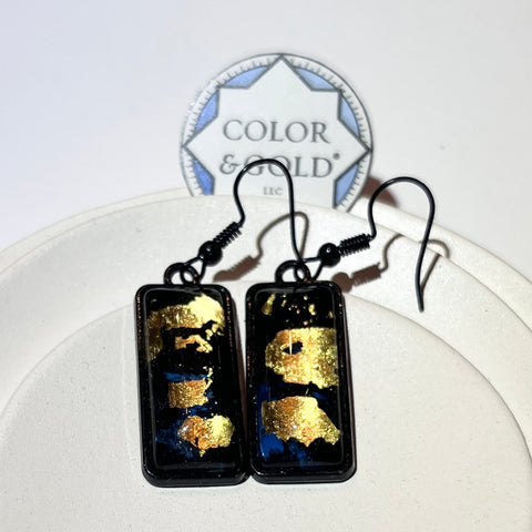 Rectangle 10x25mm Black and Neon Blue earrings hand gilded with 24k gold leaf