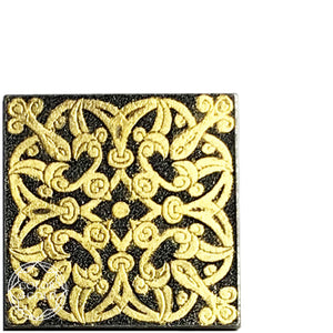 Arabesque dark grey 2” square gold gilded metal tile - Color & Gold LLC © Bridgette Kelling