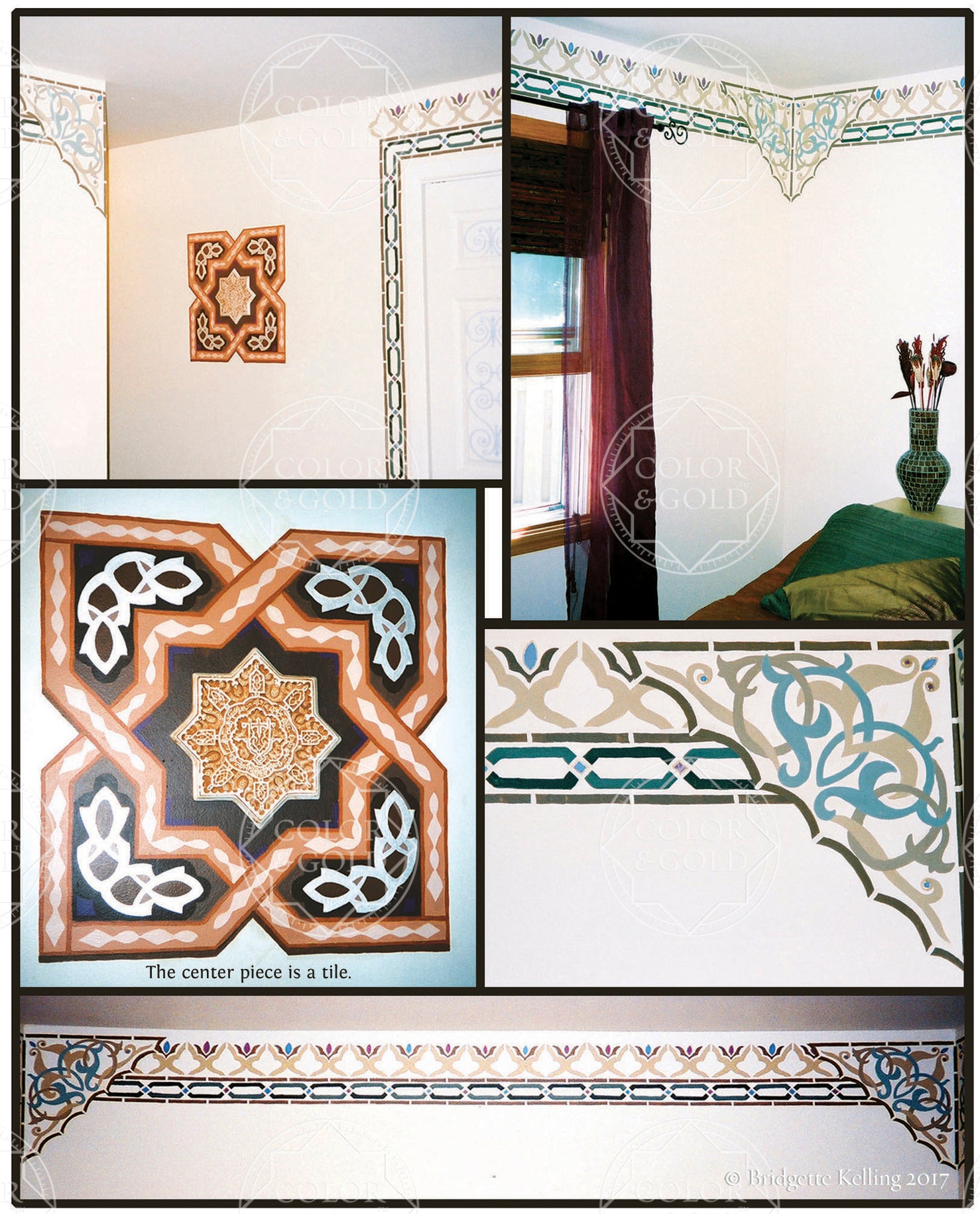 Paintings for a Moroccan themed bedroom in brown & slate blue with a tile from the Alhambra Palace - Color & Gold LLC © Bridgette Kelling
