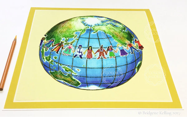 Joyful colored pencil reprint of children holding hands around the world - Color & Gold LLC © Bridgette Kelling