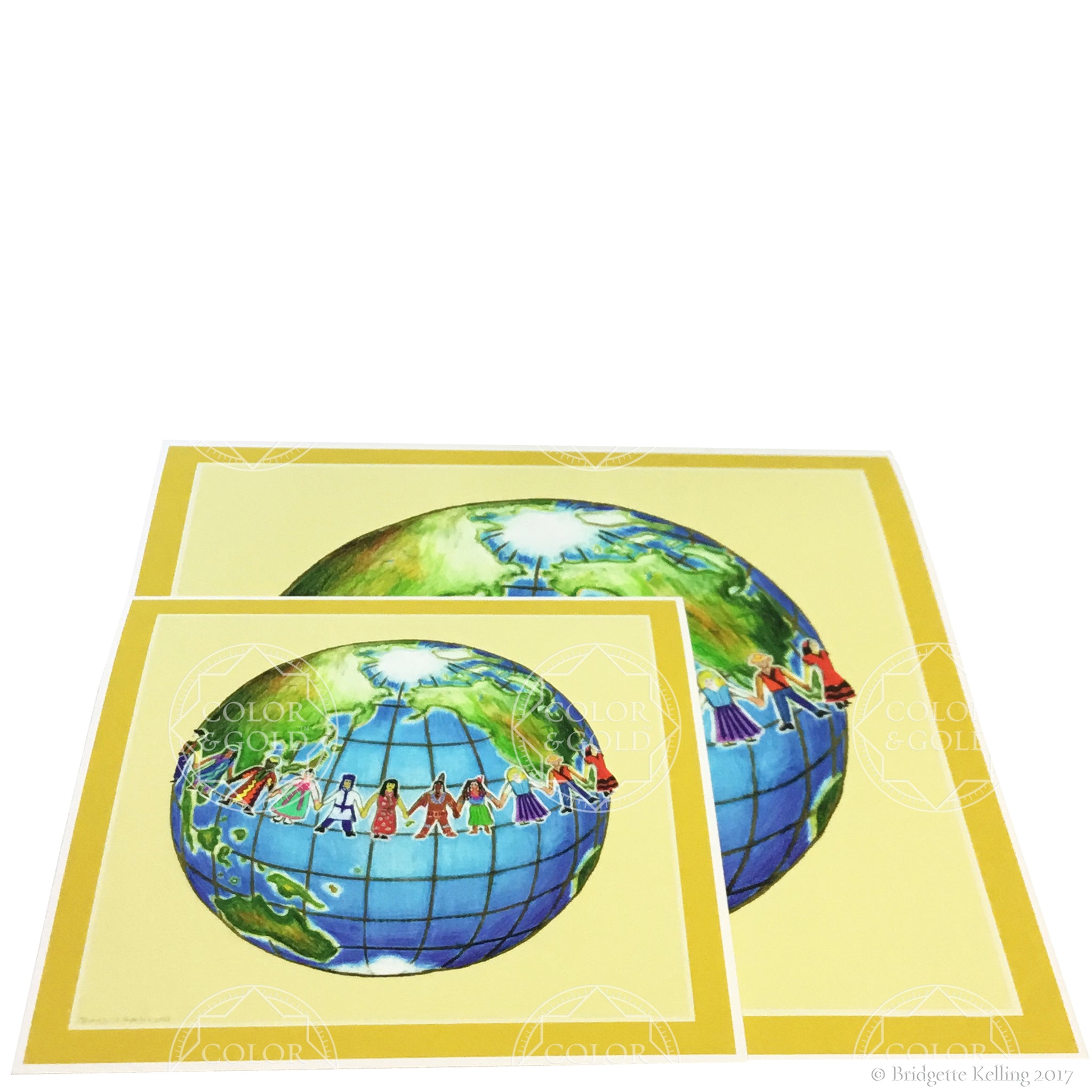 Joyful colored pencil reprint of children holding hands around the world in two sizes- Color & Gold LLC © Bridgette Kelling