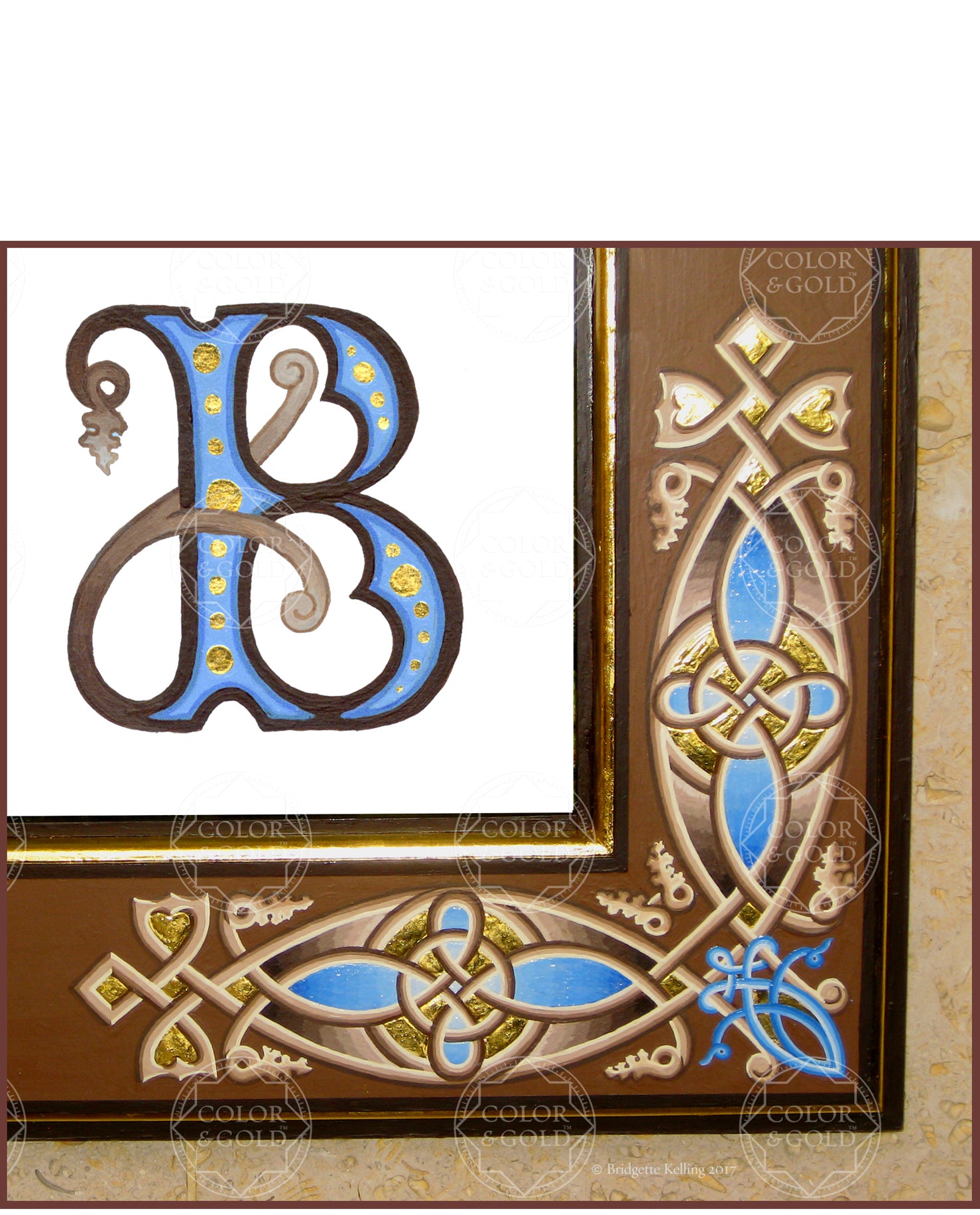 Painted & gold gilded ornamental frame & calligraphic letter in blue & brown - Color & Gold LLC © Bridgette Kelling