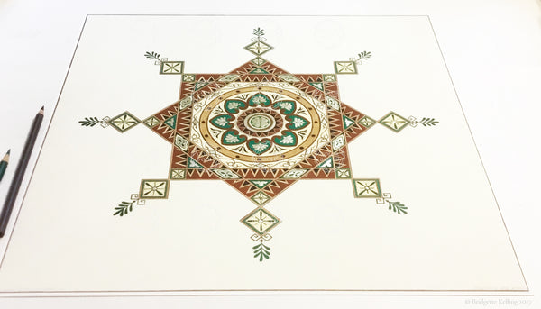 Brown, green & 24 kt gold gilded Moorish design “Kingwood” illumination 16” x 16” - Color & Gold LLC © Bridgette Kelling