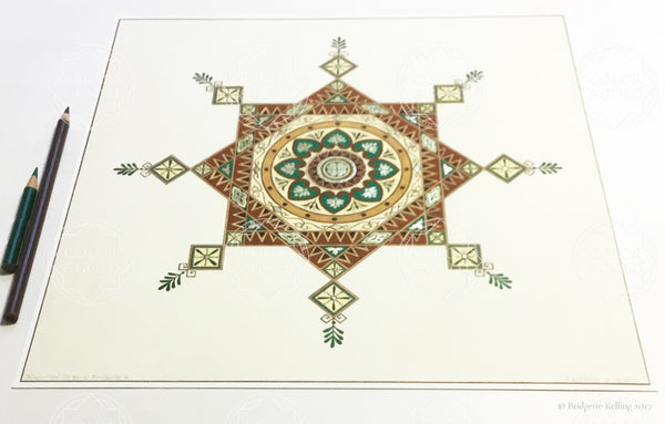 Brown, green & 24 kt gold gilded Moorish design “Kingwood” illumination 12” x 12” - Color & Gold LLC © Bridgette Kelling