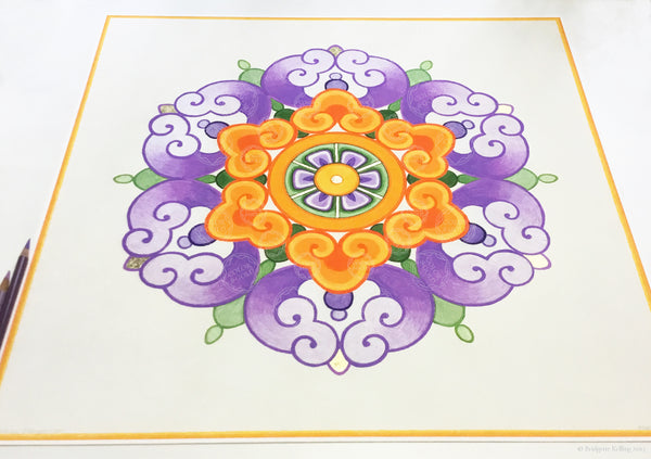 Purple, orange & 24 kt gold gilded Chinese flower design illuminated artworks 18” x 18” - Color & Gold LLC © Bridgette Kelling