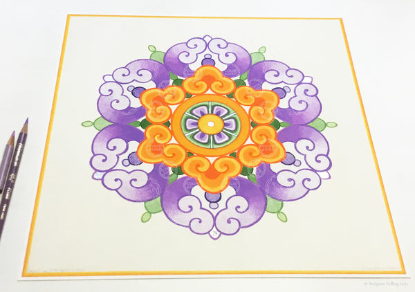 Purple, orange & palladium gilded Chinese flower design illuminated artwork 12” x 12” - Color & Gold LLC © Bridgette Kelling